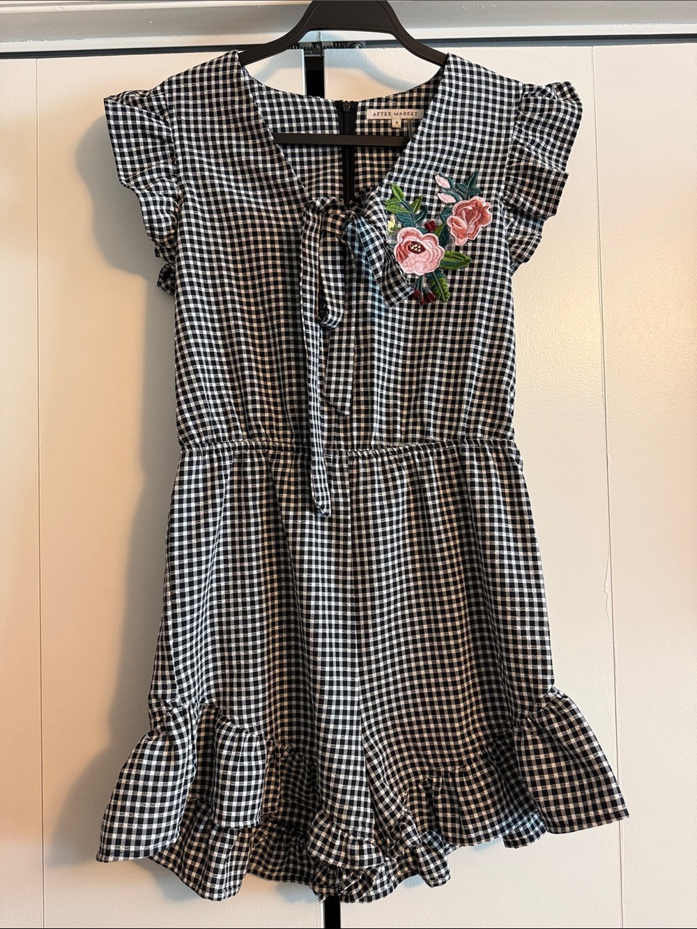 After Market Black-and-White Gingham Romper with Floral Embroidery
